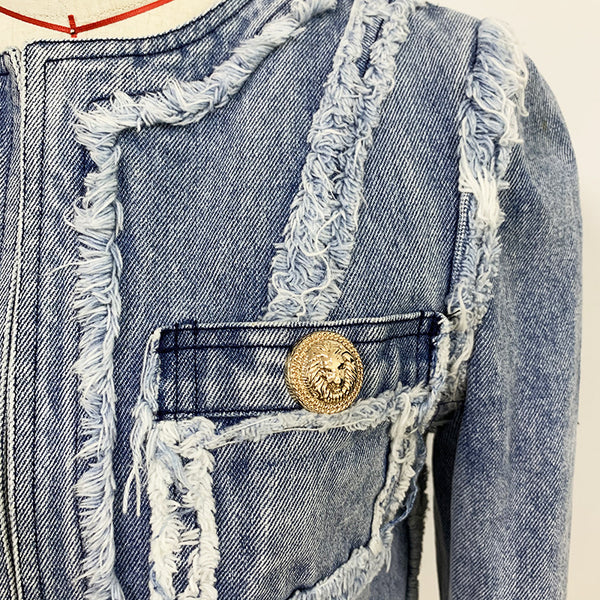 Chaqueta Denim con Cabeza de León y Detalles de Costura Fringe