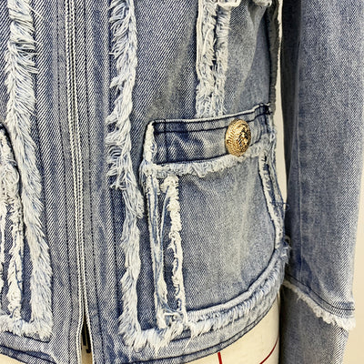 Chaqueta Denim con Cabeza de León y Detalles de Costura Fringe - Image 3