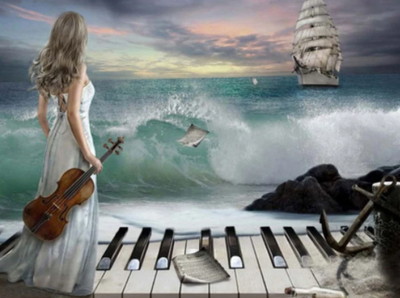 Pintura de Diamantes Redonda - Niña Tocando Piano junto al Mar