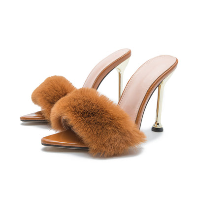Sandalias Stiletto con Pelaje de Conejo y Plataforma Brillante para Mujer - Image 4