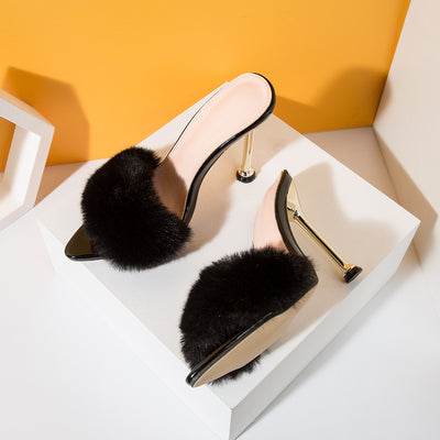 Sandalias Stiletto con Pelaje de Conejo y Plataforma Brillante para Mujer