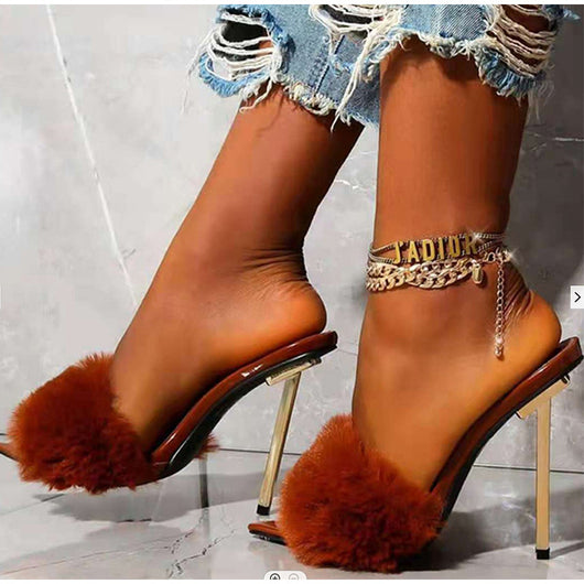 Sandalias Stiletto con Pelaje de Conejo y Plataforma Brillante para Mujer - Image 3