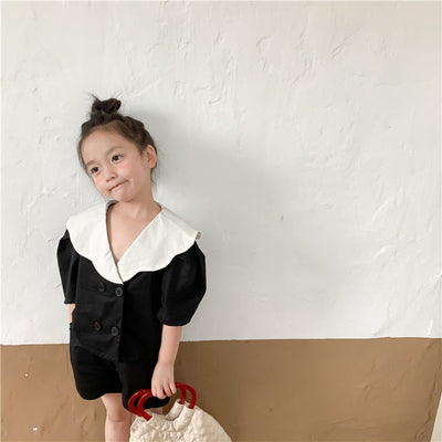 Conjunto Infantil Coreano Niña Verano - Blusa Doble Botonadura y Pantalón Ancho Capri - Image 7