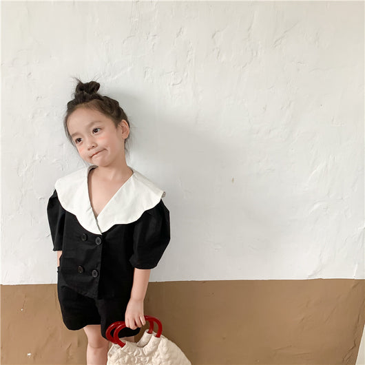 Conjunto Infantil Coreano Niña Verano - Blusa Doble Botonadura y Pantalón Ancho Capri - Image 7