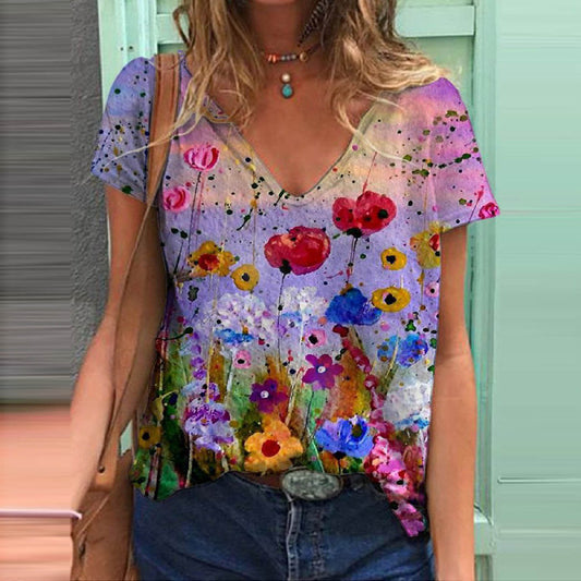 Camiseta Estampada Cuello V Manga Corta