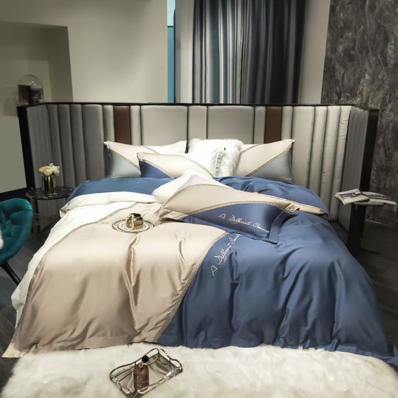 Juego de Cama 100% Algodón Pima con Bordado y Contraste de Colores