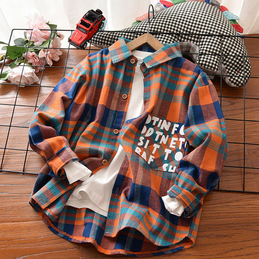 Camisa Infantil Estampada Cuello Solapa Algodón Manga Larga