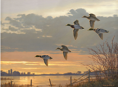Pintura Digital Atardecer Otoñal con Patos Silvestres