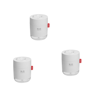 White cylindrical USB charging desktop humidifier with a clear base and a textured snow mountain top. Features 'H₂O HUMIDIFIER' text and a red tag. - Image 12