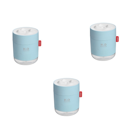 White cylindrical USB charging desktop humidifier with a clear base and a textured snow mountain top. Features 'H₂O HUMIDIFIER' text and a red tag. - Image 14