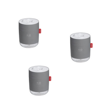 White cylindrical USB charging desktop humidifier with a clear base and a textured snow mountain top. Features 'H₂O HUMIDIFIER' text and a red tag. - Image 15