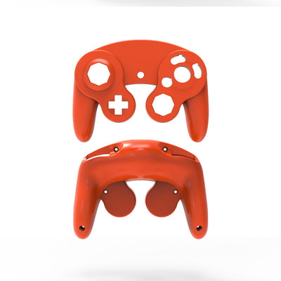 Orange ABS plastic replacement shell for an NGC single point GameCube controller, showing top and bottom pieces. - Image 13
