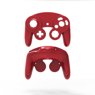 Orange ABS plastic replacement shell for an NGC single point GameCube controller, showing top and bottom pieces. - Image 18