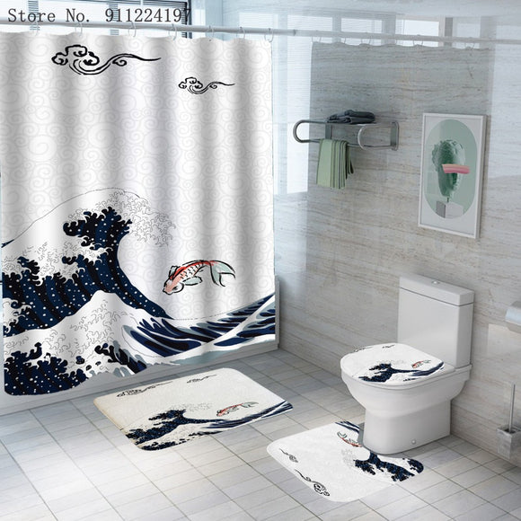 Juego de Baño Ocean Wave - Cortina de Ducha 4 Piezas con Impresión Digital