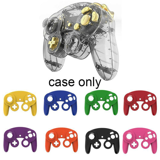 Orange ABS plastic replacement shell for an NGC single point GameCube controller, showing top and bottom pieces.