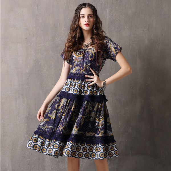 Vestido Retro Vintage con Encaje Fruncido y Falda Amplia Cuello Redondo