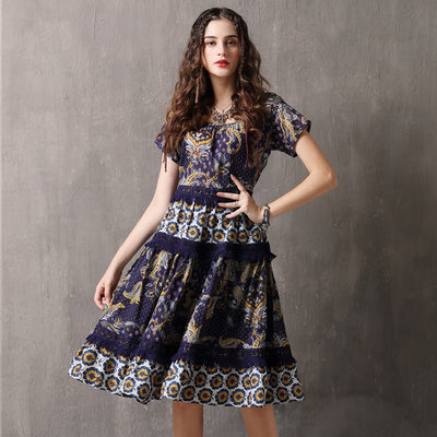 Vestido Retro Vintage con Encaje Fruncido y Falda Amplia Cuello Redondo