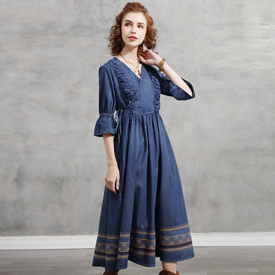 Vestido Denim con Escote en V y Detalle de Corbata - Image 3