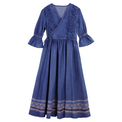 Vestido Denim con Escote en V y Detalle de Corbata