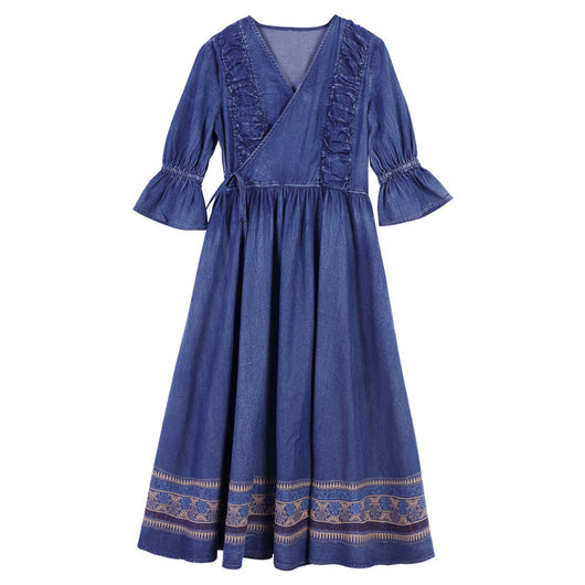 Vestido Denim con Escote en V y Detalle de Corbata