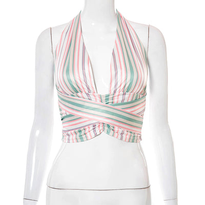 Blusa Casual Mujer Estilo Europeo Cuello Halter a Rayas con Amarre en Cintura - Image 10