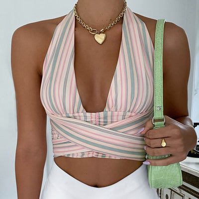 Blusa Casual Mujer Estilo Europeo Cuello Halter a Rayas con Amarre en Cintura - Image 3