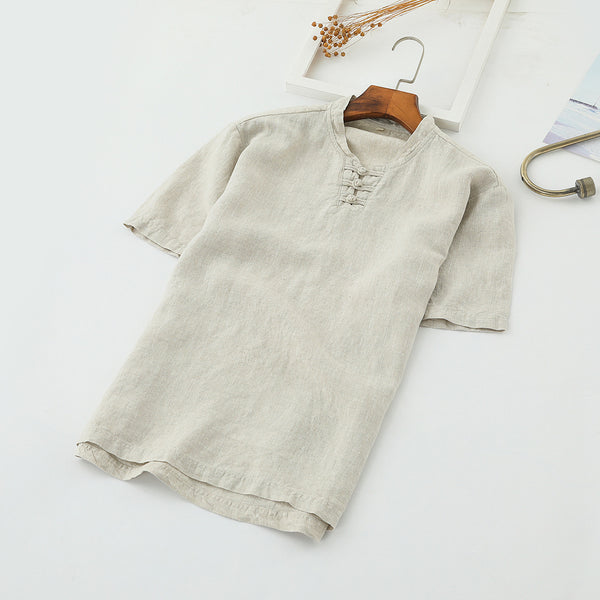 Camisa de Lino con Cuello Mao para Hombre - Diseño Minimalista Primavera Verano