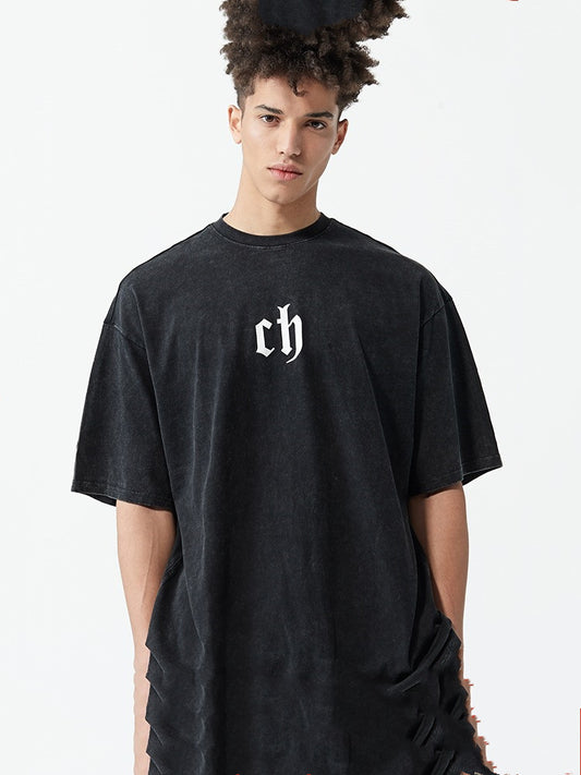 Camiseta Hombre Algodón Lavado Vintage Marca Tide Suelta Hombros Caídos Negro Manga Corta