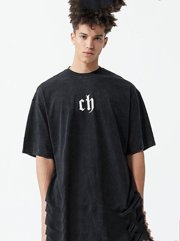 Camiseta Hombre Algodón Lavado Vintage Marca Tide Suelta Hombros Caídos Negro Manga Corta