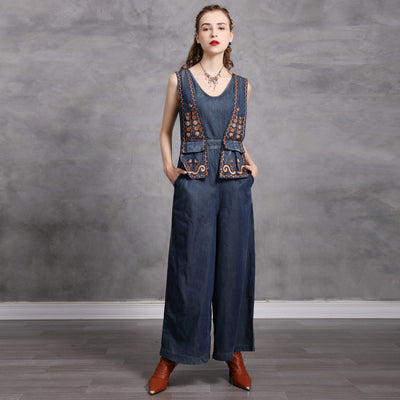 Jumpsuit Denim Retro de Cintura Alta con Bordados para Mujer - Primavera Verano - Image 11