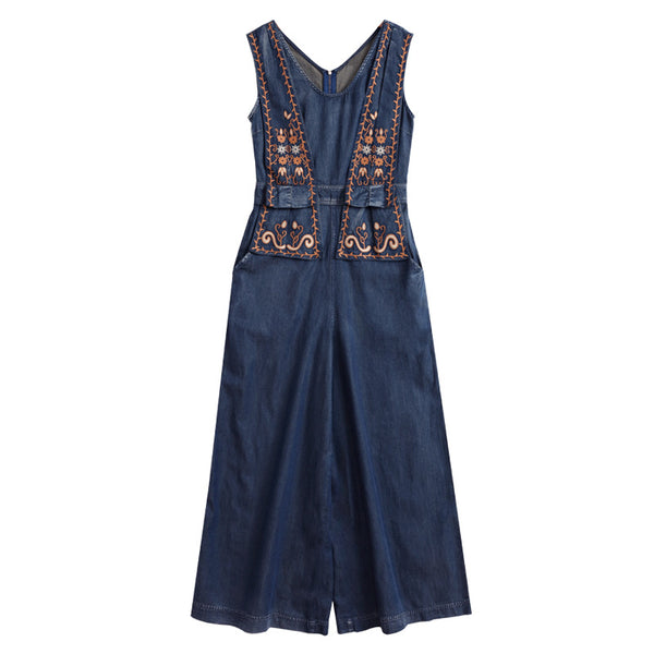 Jumpsuit Denim Retro de Cintura Alta con Bordados para Mujer - Primavera Verano