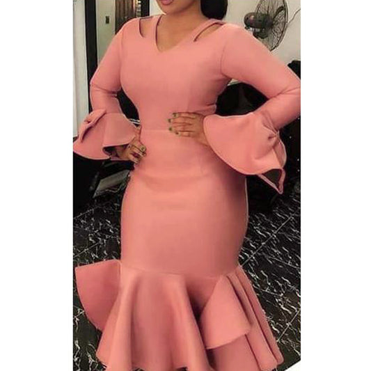 Vestido Largo Ajustado con Volantes, Cintura Alta y Mangas Largas