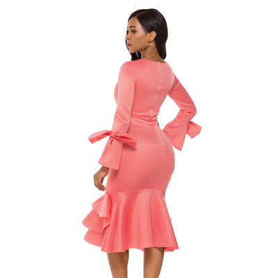 Vestido Largo Ajustado con Volantes, Cintura Alta y Mangas Largas - Image 5