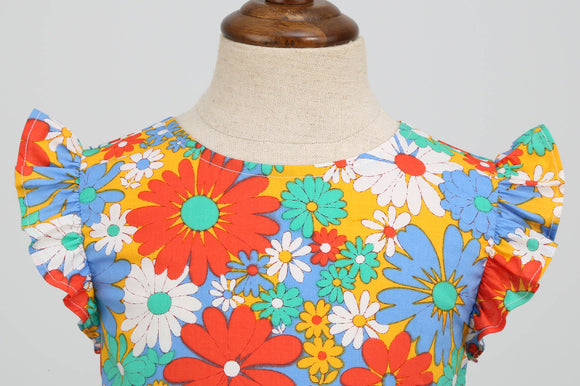 Vestido Infantil Estilo Verano con Mangas Volantes y Estampado Bicolor