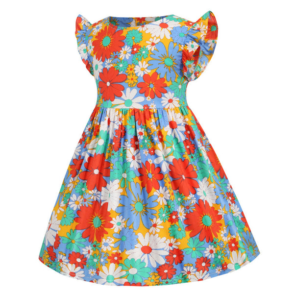 Vestido Infantil Estilo Verano con Mangas Volantes y Estampado Bicolor