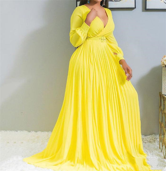 Vestido Largo Africano Mujer Cuello en V Manga Larga Amarillo - Image 10