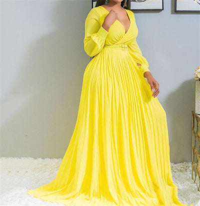 Vestido Largo Africano Mujer Cuello en V Manga Larga Amarillo - Image 9