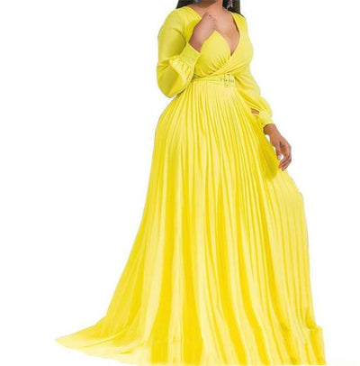 Vestido Largo Africano Mujer Cuello en V Manga Larga Amarillo - Image 2
