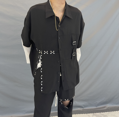 Camisa Casual Suelta con Botones Metálicos - Manga Corta Negra Tendencia - Image 9