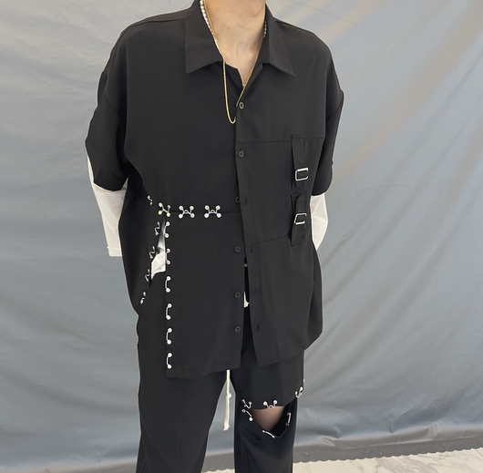 Camisa Casual Suelta con Botones Metálicos - Manga Corta Negra Tendencia - Image 9