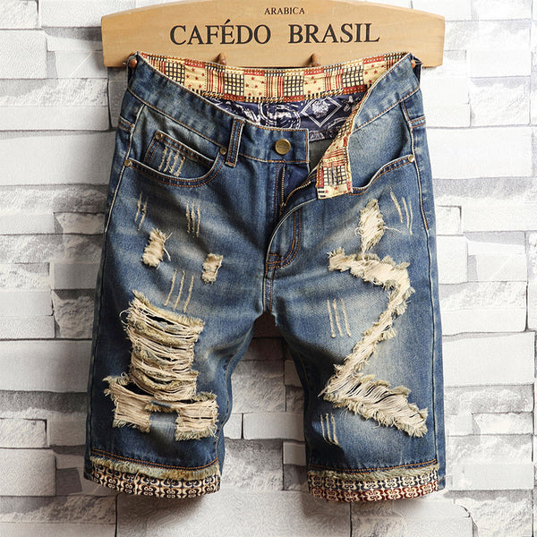 Pantalones Cortos Denim Rotos para Hombre - Estilo Five-point