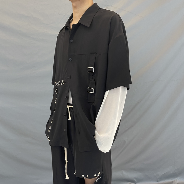 Camisa Casual Suelta con Botones Metálicos - Manga Corta Negra Tendencia