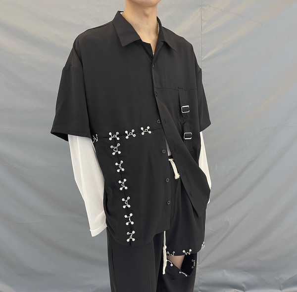 Camisa Casual Suelta con Botones Metálicos - Manga Corta Negra Tendencia - Image 3