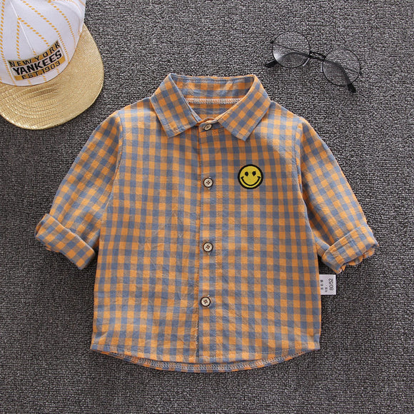 Camisa de Cuadros Infantil Estilo Coreano Suelta con Solapa Manga Larga