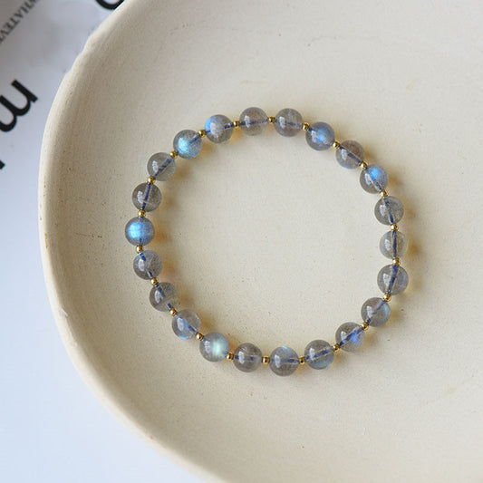 Pulsera de Piedra Luna Gris Natural con Detalles de Oro