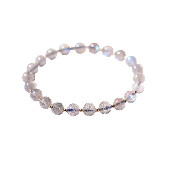 Pulsera de Piedra Luna Gris Natural con Detalles de Oro