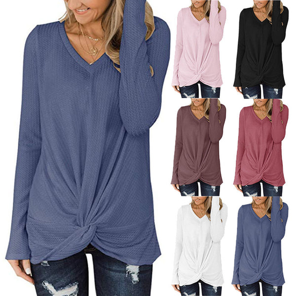 Blusa Tejida Cuello V Manga Larga con Textura Retorcida