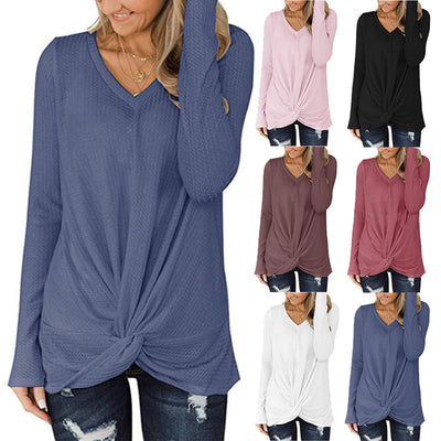 Blusa Tejida Cuello V Manga Larga con Textura Retorcida