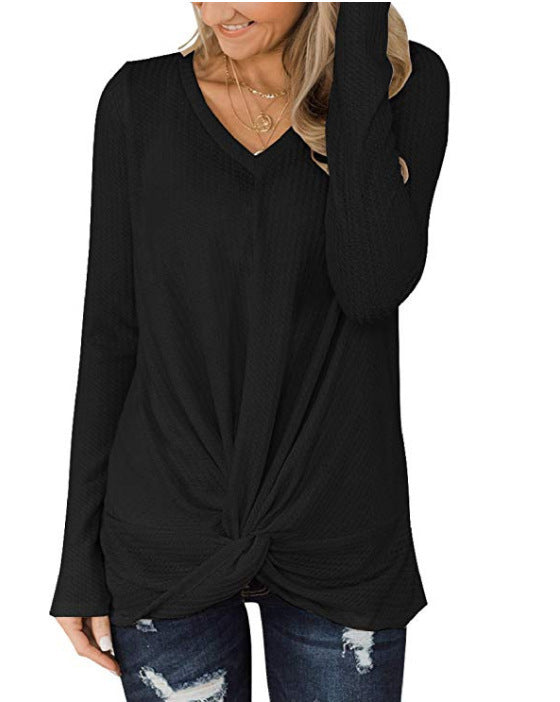 Blusa Tejida Cuello V Manga Larga con Textura Retorcida