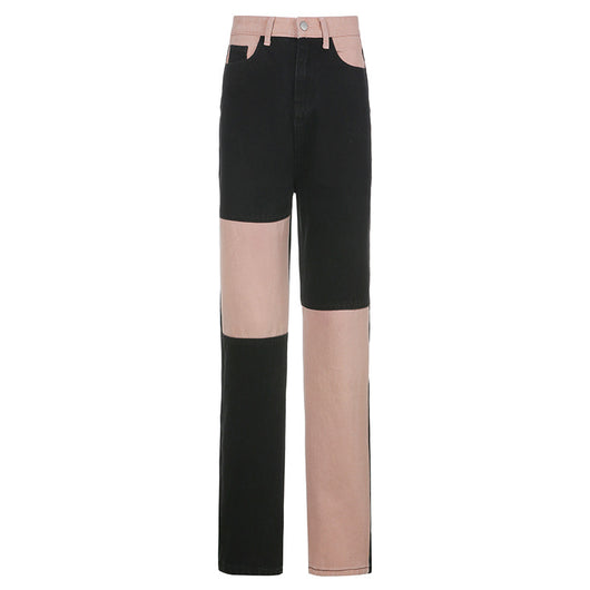 Pantalones Rectos Cintura Alta Slim con Combinación de Colores para Mujer - Image 8